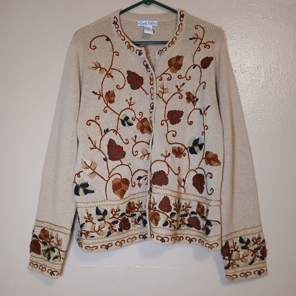 David Hollis Sweater Womens‎ Large Embroidered Fall Festival Granny Core 90s - Picture 1 of 13